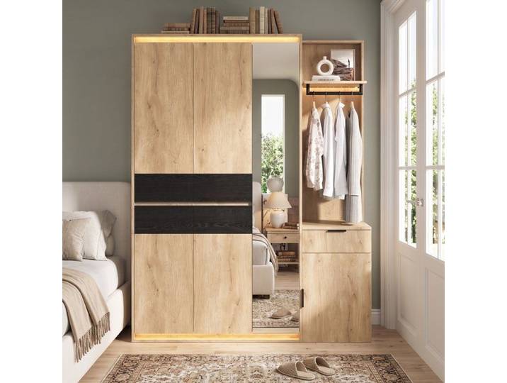 Armoire penderie avec miroir et LED 155×47×200cm 3 tringles 5 tiroirs mobilier d'entrée
