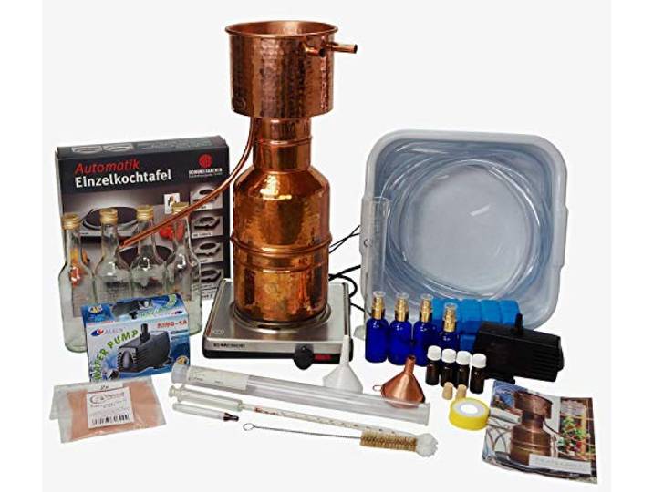 CopperGarden Destille LEONARDO 2 Liter Sorgenfrei Paket mit Zubehör Auspacken und Destillieren Inklusive Pumpe, Kochplatte etc. Kräuter Brennerei f. Hydrolate & ätherische Öle