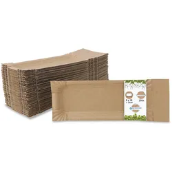 BIOZOYG 250 Stück Einwegteller Wurstpappe 8x18+3cm, Pappteller rechteckig mit Abriss, braun, Pappteller Bratwurstschale Pappgeschirr, nachhaltig