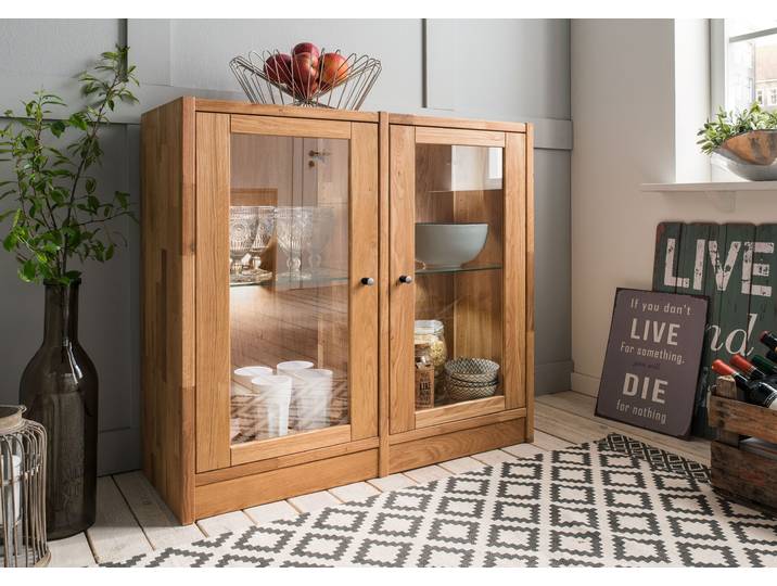 Standvitrine HOME AFFAIRE Ecko, vielseitig als Bücher-, Wohn- oder Aufbewahrungsregal einsetzbar , beige (naturfarben), B:92cm H:87cm T:34cm, Massivholz, Schränke, Standvitrine, Modulares Regalsystem mit vielseitigen Gestaltungsmöglichkeiten