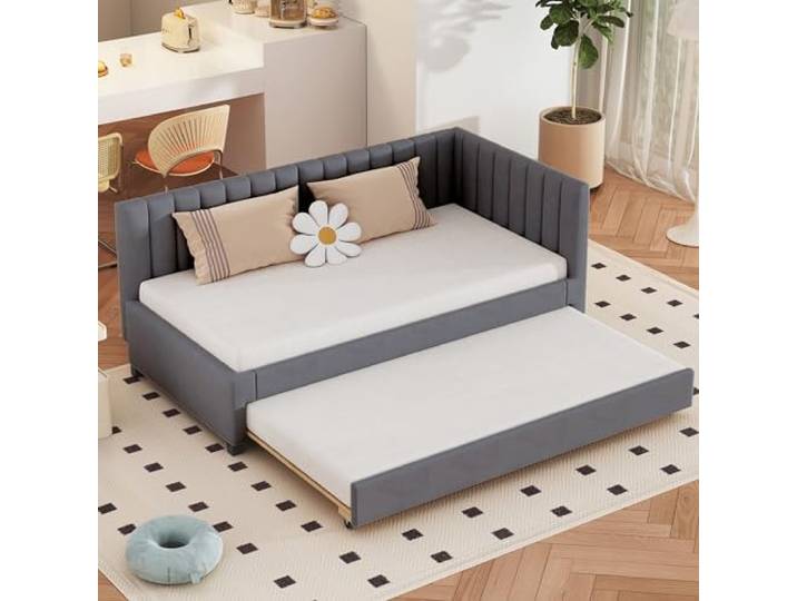 Merax Schlafcouch 90 x 200 cm mit Ausziehbett, Multifonctionnel Couch Bett mit Lattenrost, Samtstoff, Grau (Ohne Matratze)