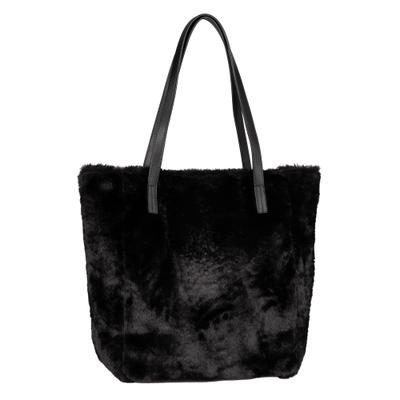 Shopper TOM TAILOR DENIM "Arona Cosy", Damen, Gr. B/H/T: 43cm x 35,5cm x 15cm, schwarz, Textil, Fellimitat, Taschen Shopper, Damen Schultertasche, im Fellimitat-Look