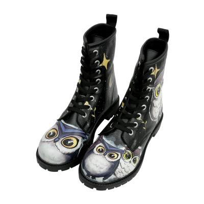 Schnürboots DOGO "Long Boots Schnürstiefel Owls Family Black Damen Stiefeletten", Damen, Gr. 40, gefüttert, Normalschaft, schwarz, Lederimitat, Schuhe Schnürboots, Handgefertigt