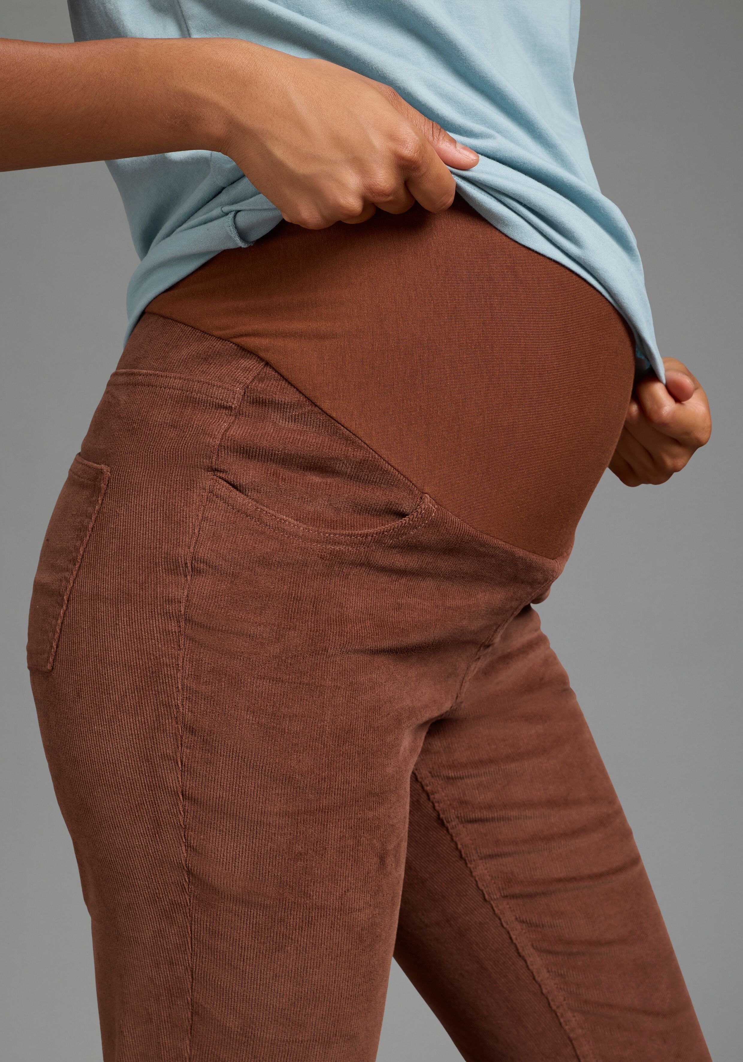Umstandshose NEUN MONATE "Umstands-Cordhose", Damen, Gr. 44, N-Gr, braun, Cord, Obermaterial: 98% Baumwolle, 2% Elasthan, unifarben, lang, Hosen Umstandshose, gerades Bein, extrabreites Bündchen, elastisches Material braun 44, N-Gr