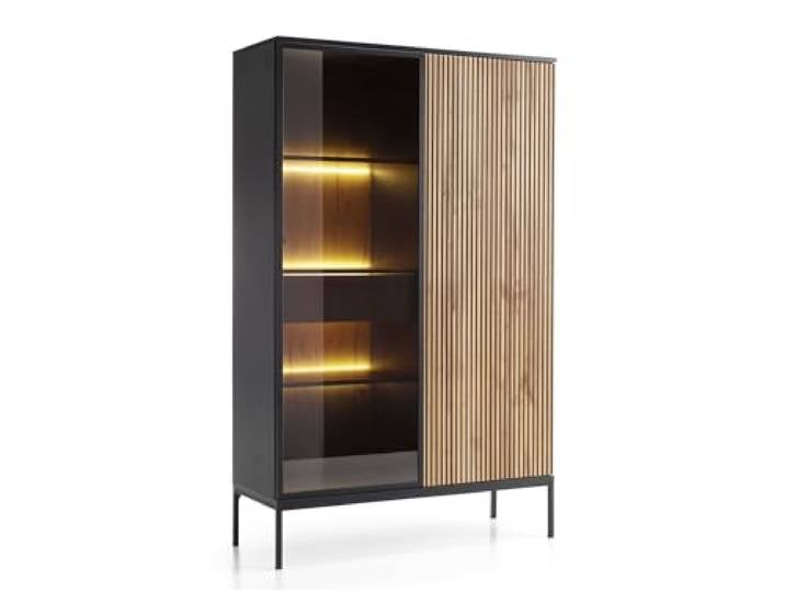 Emporius Daveno Vitrinenschrank 100 cm, Glasvitrine Stehend - Highboard, Vitrine, Glasvitrine Schwarz mit LED und Lamellen - 166 cm hoch