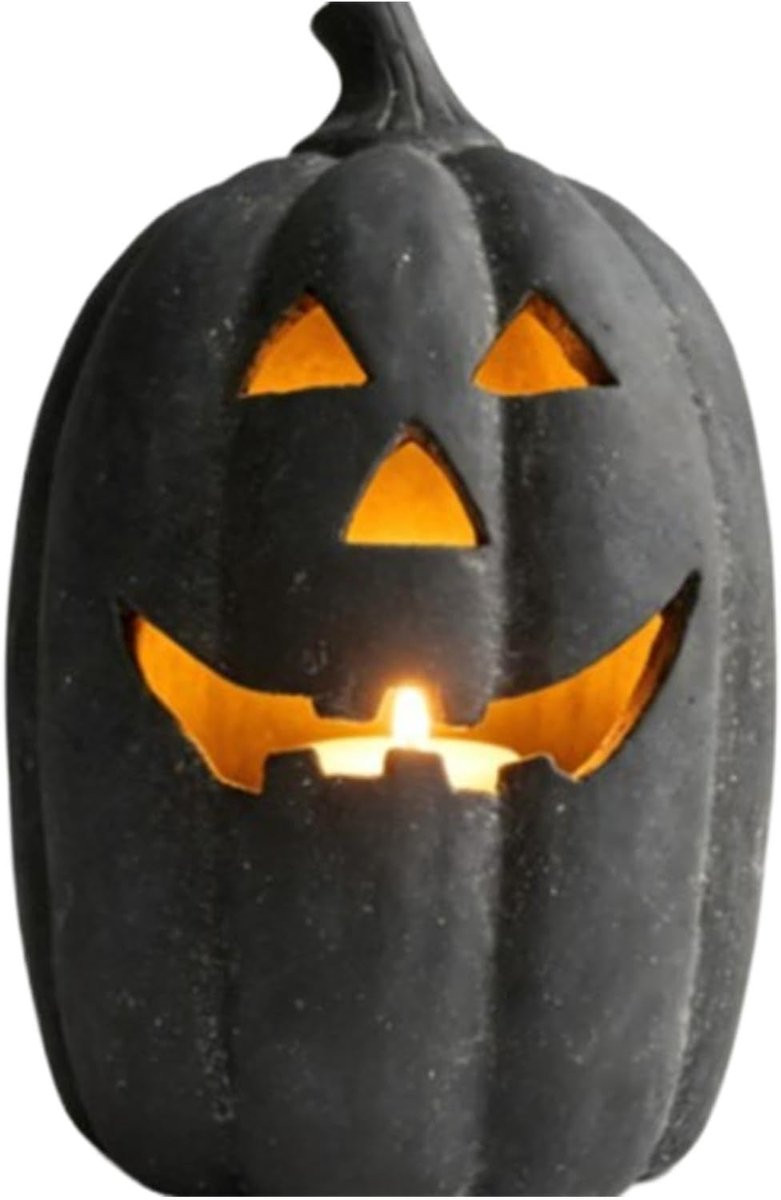 Kelav Pompoen sculptuur van hars, zwarte Halloween decoratie met flikkerende kaars, vintage herfst ornament voor binnen