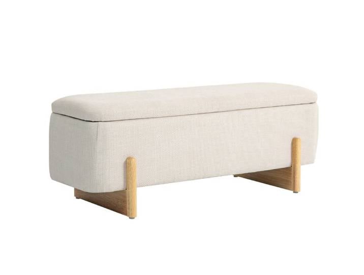 WOVREO Banc coffre rembourré 111 cm avec rangement aspect lin beige pieds en bois de hêtre