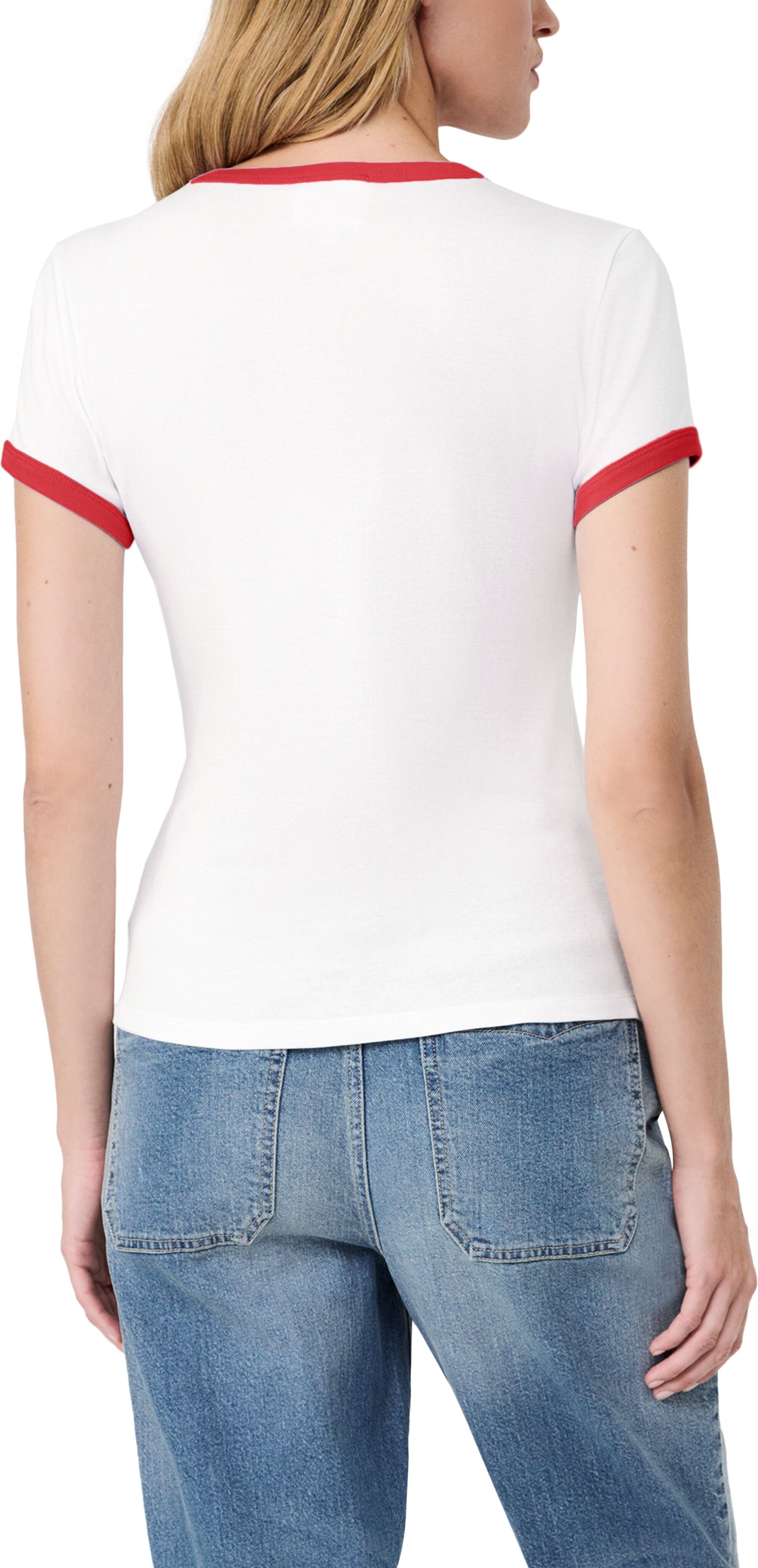 Kurzarmshirt S.OLIVER "s.Oliver X Heidi Klum Logo T-Shirt", Damen, Gr. 38, weiss (retro rot), Jersey, Obermaterial: 100% Baumwolle, bedruckt, normal hüftbedeckend, Rundhals, abgesteppte Kante kontrastfarben, Shirts Kurzarmshirt, mit Logo-Print / Konstrast