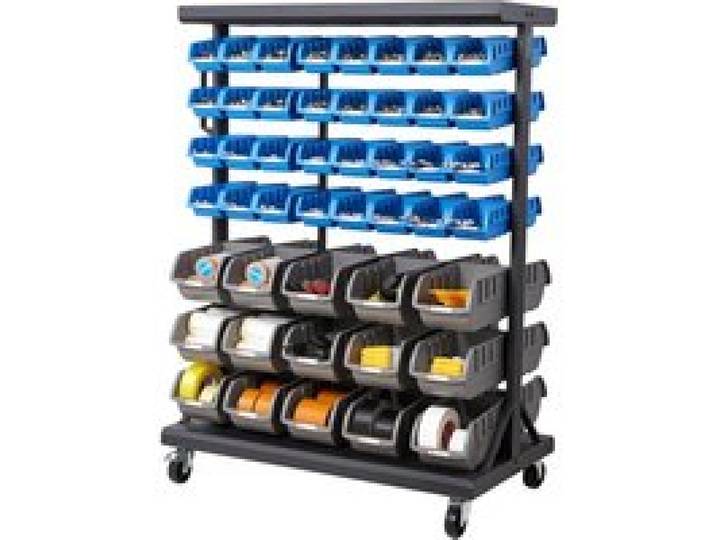 VEVOR Fahrregal mit Stapelboxen Set, Mobiler Werkzeugorganizer mit 7 Ebenen & 94 Sortimentskästen für Kleinteile in zwei Größen, 900x500x1245mm, doppelseitig, für Werkstatt, Garage, Lager & Büro