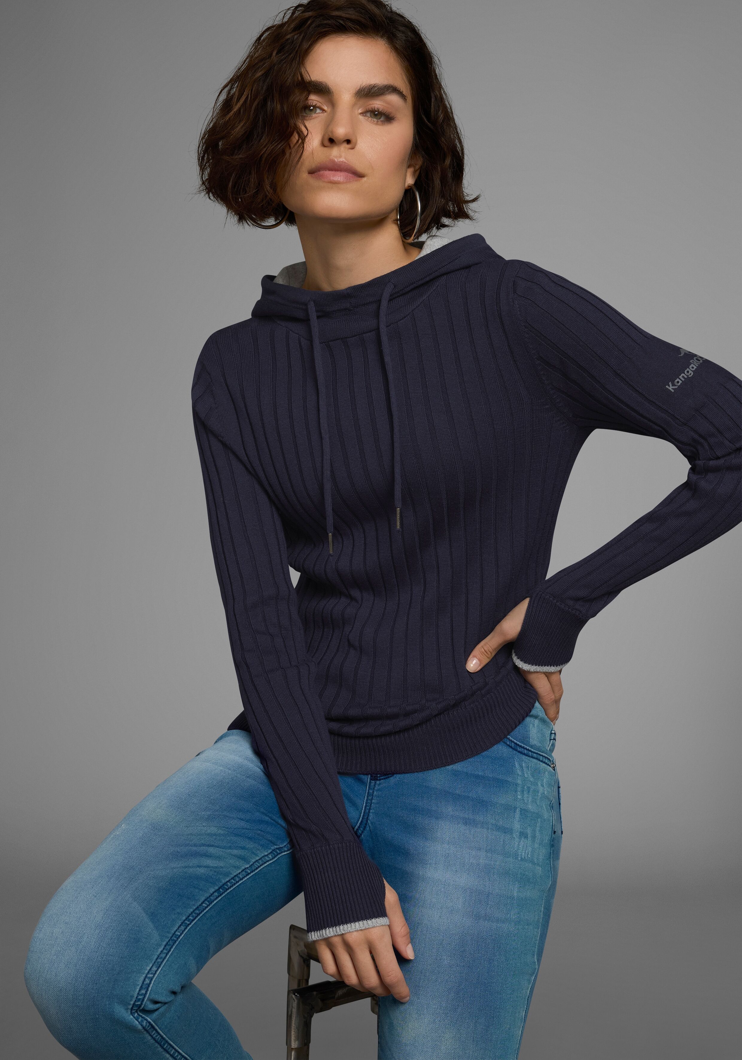 Strickpullover KANGAROOS, Damen, Gr. 52/54, blau (marine, hellgrau, meliert), Rippstrick, Obermaterial: 55% Baumwolle, 45% Polyacryl, bedruckt, kontrastfarbene Details, meliert, unifarben mit Farbeinsatz, figurbetont hüftbedeckend, Rippbündchen mit Daumen