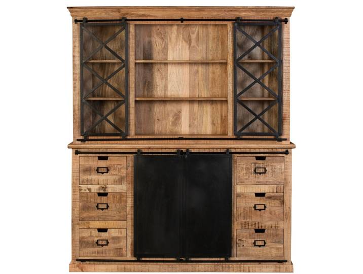 Schrank SELCE 180cm massiv Mangoholz & Eisen Vitrine Buffet Industrial