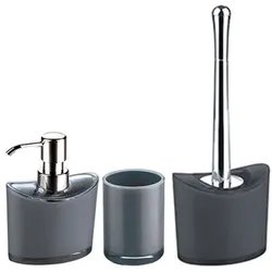 MSV Badezimmer Set Manihi, 3-teiliges Badzubehör aus Acryl, Seifenspender, WC Bürste, und Zahnputzbecher Grau