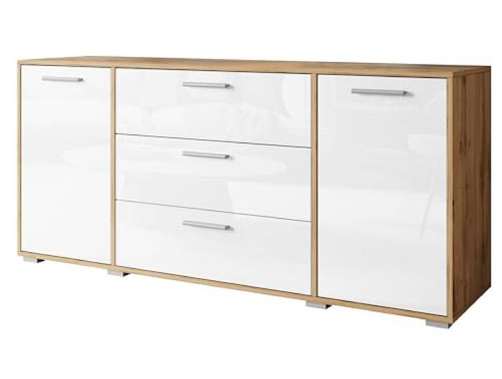 Kommode 150 cm Bogota, Kommode, Wohnzimmerkommode, Sideboard, moderne Wohnzimmermöbel, verschiedene Farben (Wotan/Weiß glänzend)