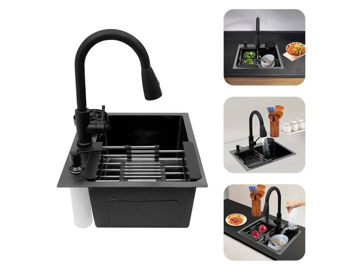 BYMAOCAR Évier de cuisine, 45 x 40 cm, Évier intégré, Amovible, 360, avec Évier + Réservoir de vidange + Collecteur de Savon pour Évier, Sol inférieur