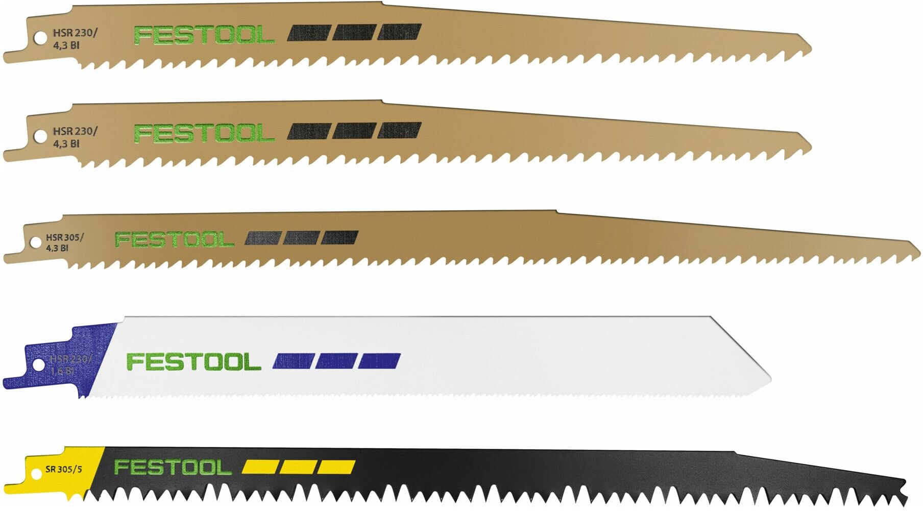 Festool RS-Sort/5 Säbelsägeblatt-Set mit verschiedenen Sägeblättern für Holz, Metall und Baustoffe (5 Stück) , 4014549310616 (577496)