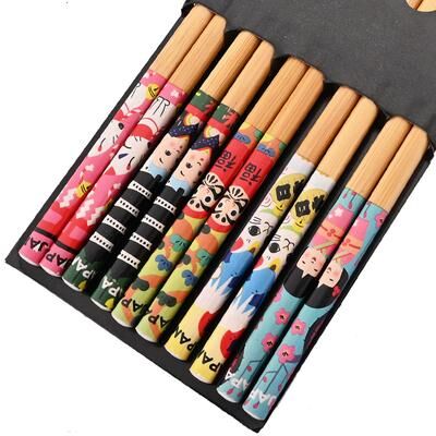 Perfect Picks Market Reusable Bamboo Chopsticks Set Handmade Japanese Natural Wood Multi Color Cat & Flower Design 5pairs Child