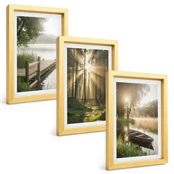 BILDER SET 3er Set - 20x30 cm Goldrahmen - See, Wald, Boot, Morgennebel