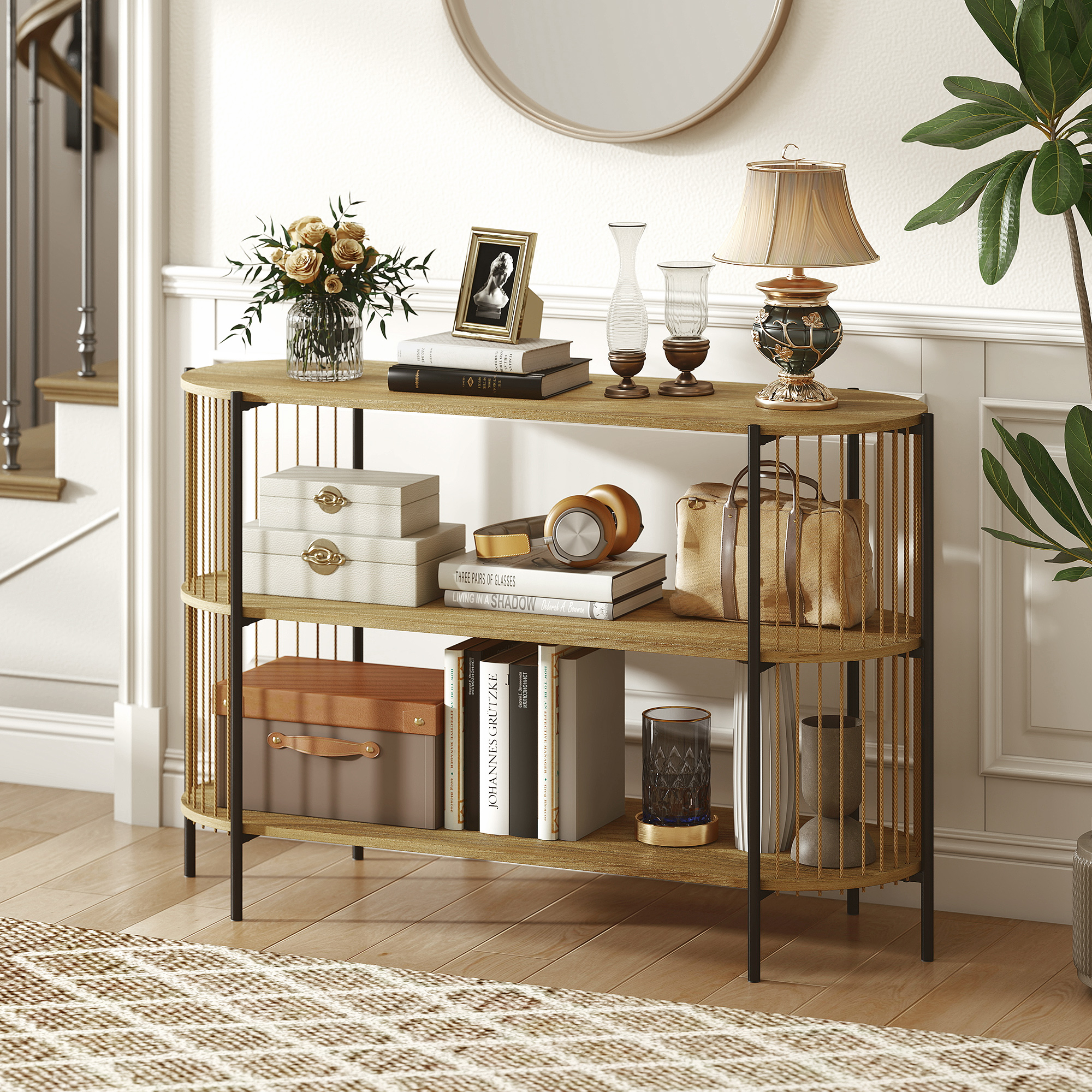 Homcom Tavolo Consolle con Corda di Carta Intrecciata a Mano Struttura in Acciaio Stile Bohemio 124x43,5x80 cm Naturale   Aosom Italy