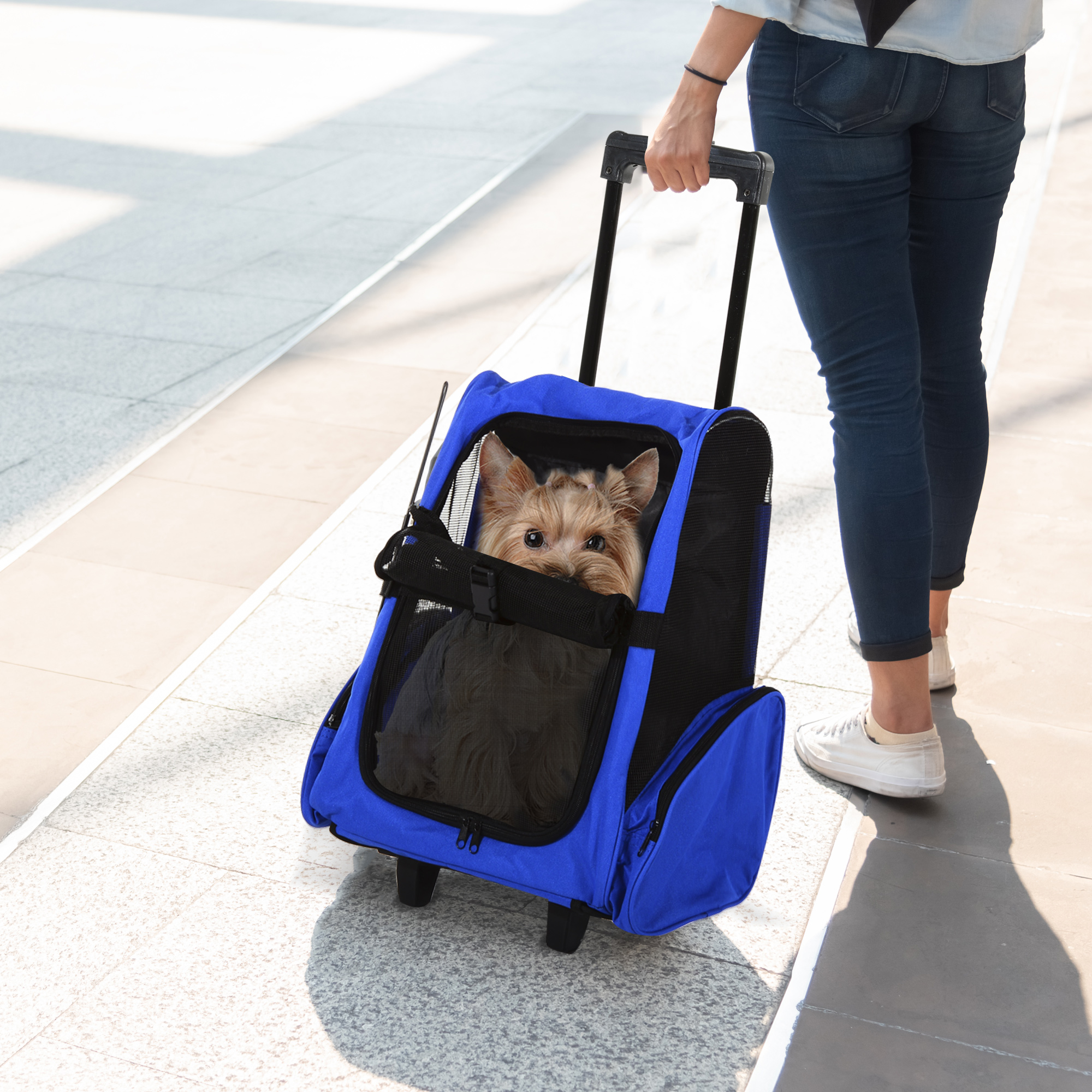 Pawhut Trasportino Zaino 2 in 1 per Cani e Gatti con Tasche Laterali, Maniglia Telescopica e Ruote, 42x25x55cm, Blu Aosom