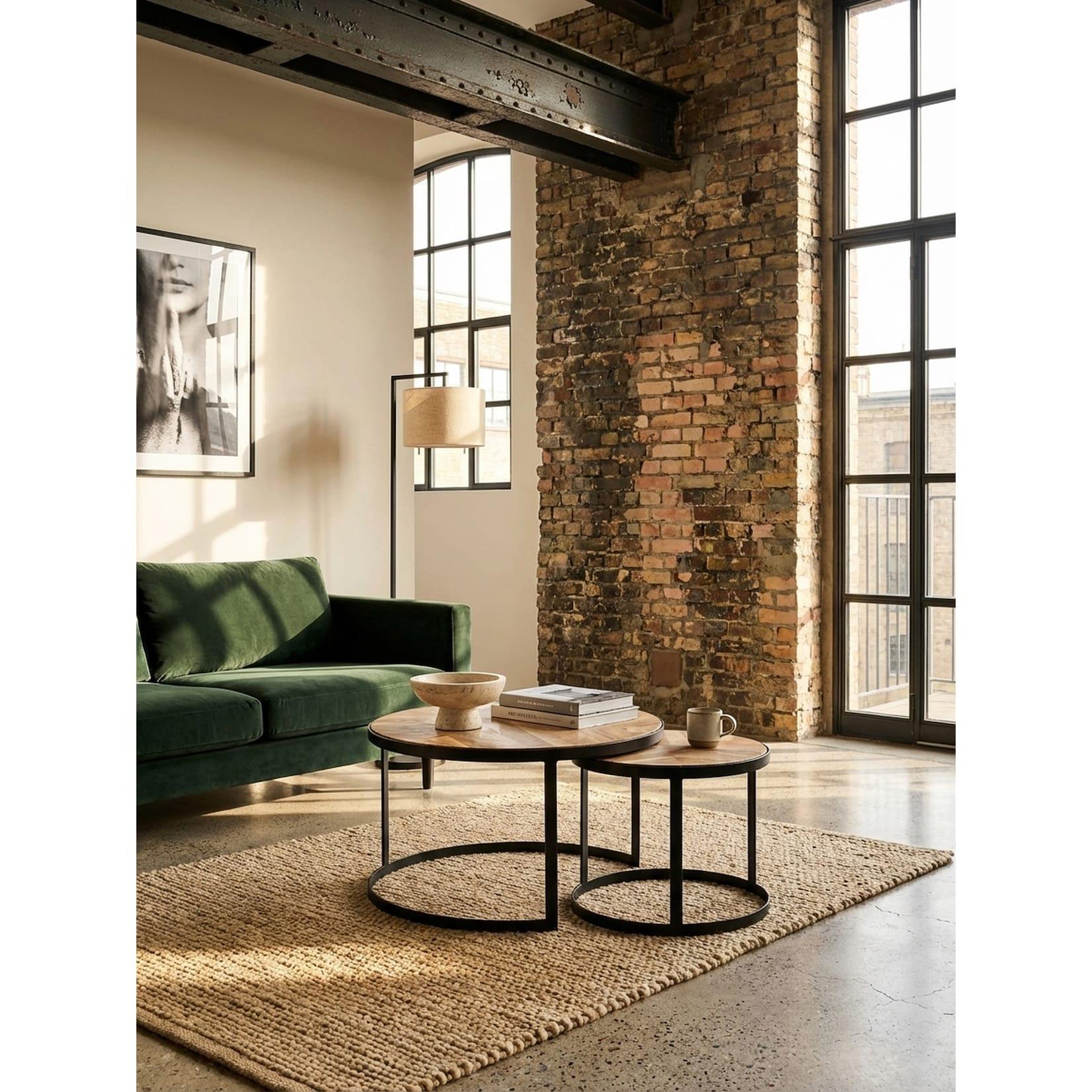 Couchtisch 2er Set Massivholz Metall Rund, Akazie 60x60x41 cm