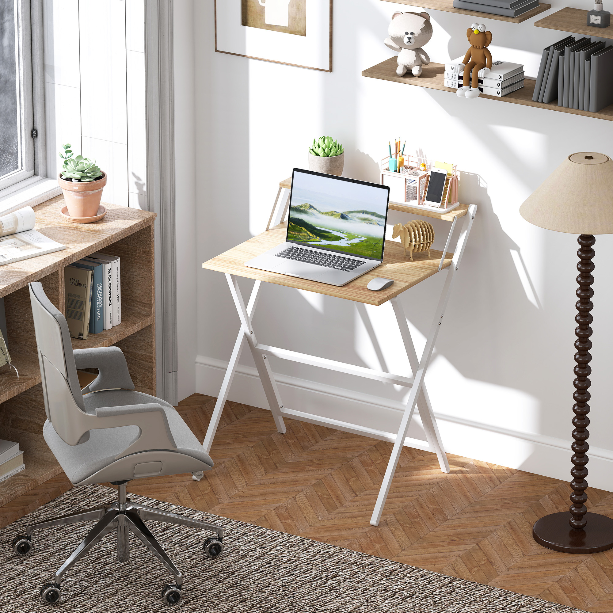 Homcom Scrivania Pieghevole Salvaspazio con Mensola 65.5x45 cm, Legno Naturale   Aosom Italy