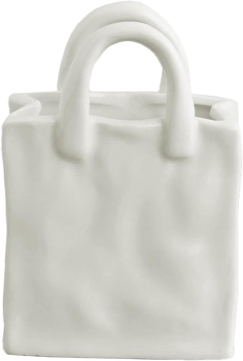 Wit Keramische Bloemenvaas Handtas met Uniek Handvat Design