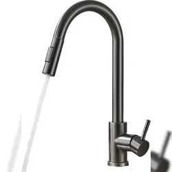 KLARWERK® JANA | Edelstahl ausziehbare Küchenarmatur Titan-Grau | Mischbatterie hoher Bogen | Wasserhahn Gastro Hochdruck 360° drehbar 2 Anschlüsse