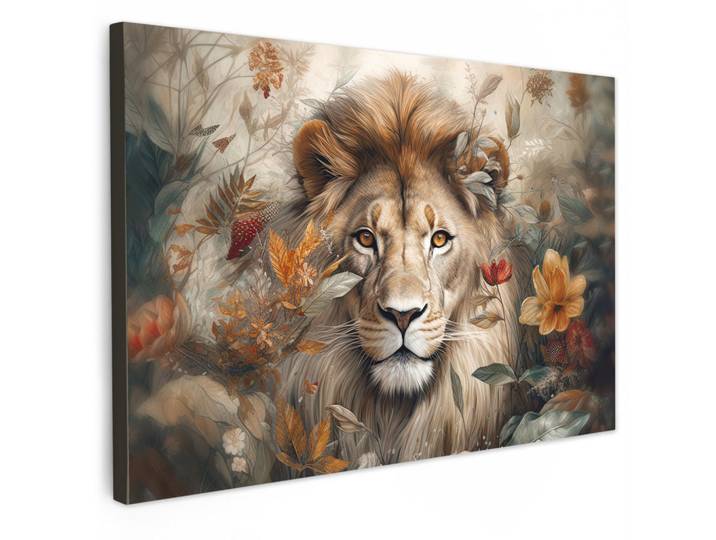 MuchoWow Leinwandbild - Löwe - Wildtiere - Pflanzen - Natur - Blumen - 120x80 - Kunstdruck, Beige, Textil, Kiefer, Abstrakt, Rechteckig, 120x80 cm, gerahmt, Bilder & Rahmen, Bilder, Wandbilder