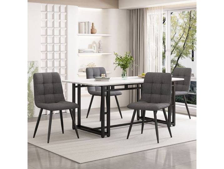 140x80cm Table à manger noire avec 4 chaises Set cuisine moderne Table à manger Set chaises à manger en lin gris foncé table à pi