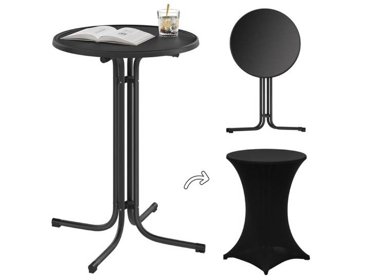 Table Haute Pliante - WOLTU Table bar Ronde - Nappe incluse - Cadre métal - Noir 80x80x110cm