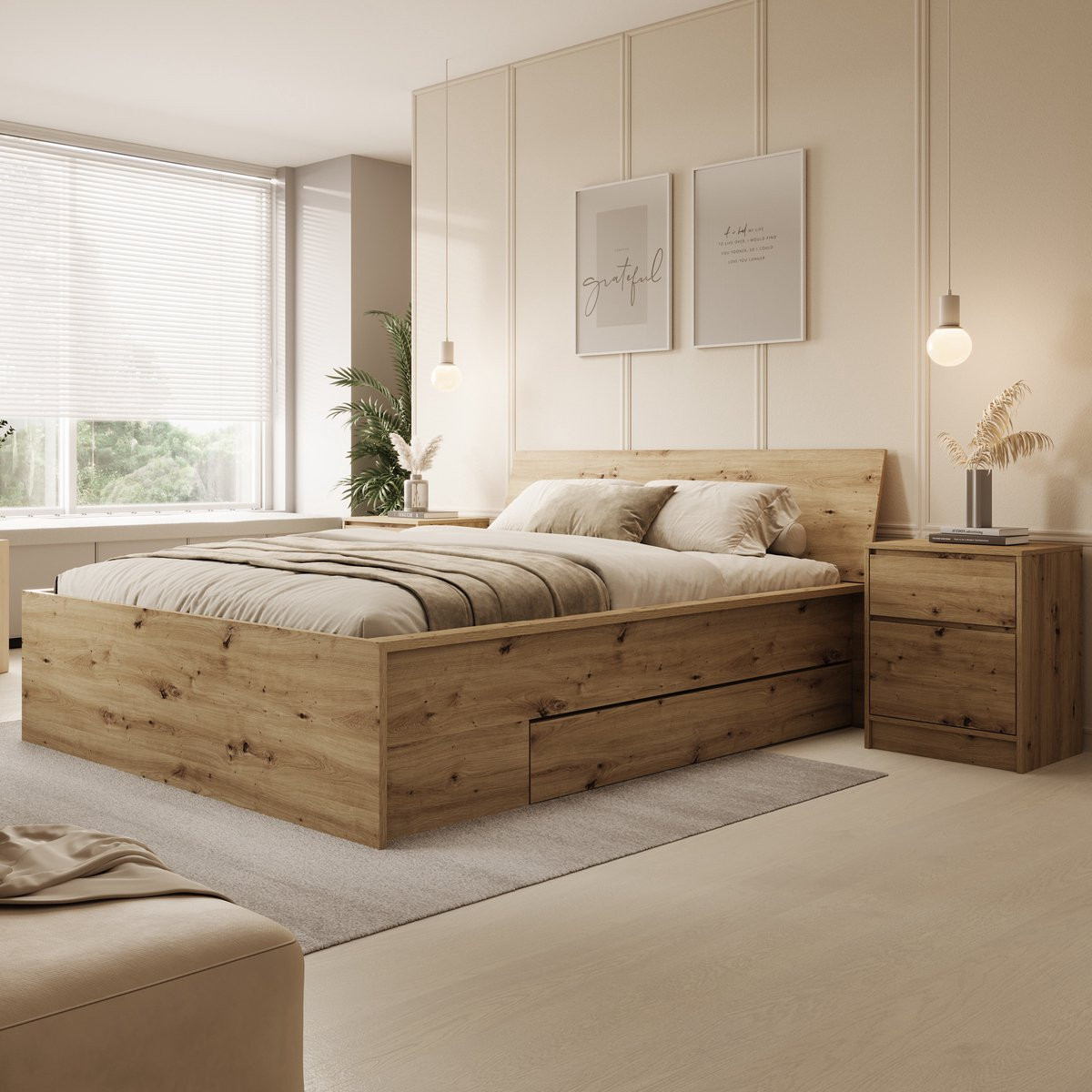 Meubella Tweepersoonsbed Brett met lades - Eiken - 160 x 200 cm