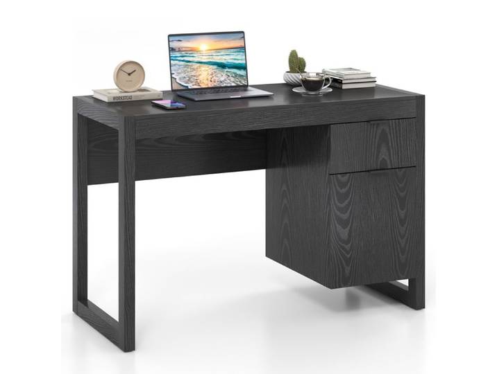 COSTWAY Bureau Informatique 112×50×75cm Bureau Multifonction avec Tiroir et Caisson de Rangement Design Moderne Noir Aspect Bois