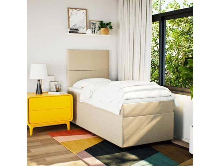 KTHLBRH Boxspringbett mit Matratze Creme 80 x 200 cm aus Stoff Verstellbares Kopfteil, Lattenrost inklusive, waschbarer Matratzenbezug, individuelle Unterstützung