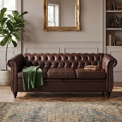 "GDFStudio - 84"" 3-Seater Chesterfield PU Leather Storage Sofa with Solid Wood Frame & Birch Wood Legs"