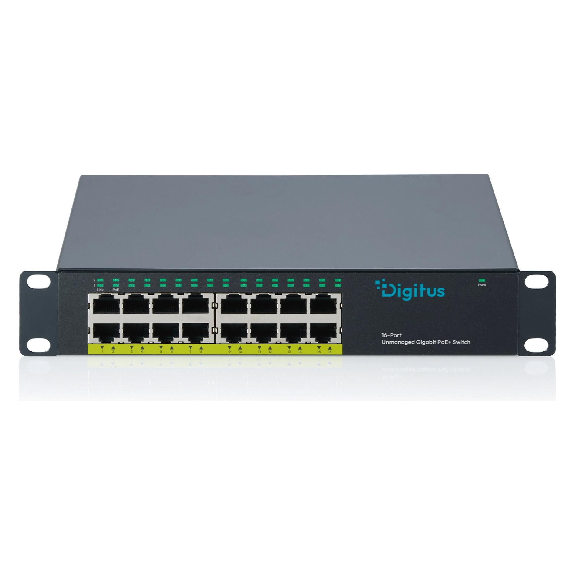 Digitus 10 Zoll 16-Port Gigabit Unmanaged PoE+ Switch, 135 W (16 Ports) (DN-95334)