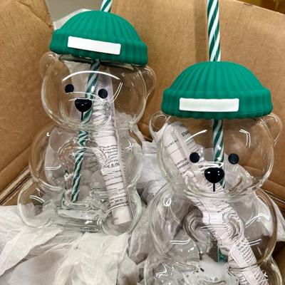 Multisell Products Hub Creative Milk Coffee Water Cups, Transparent Cute Bear Mug With Straw 2pcs
