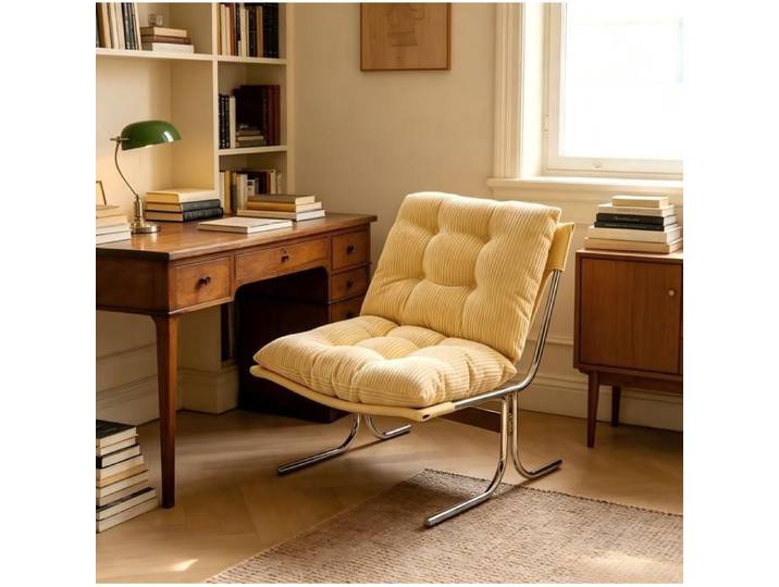MEULVA Fauteuil d'appoint style Barcelona en corduroy pieds métal chromé beige crème