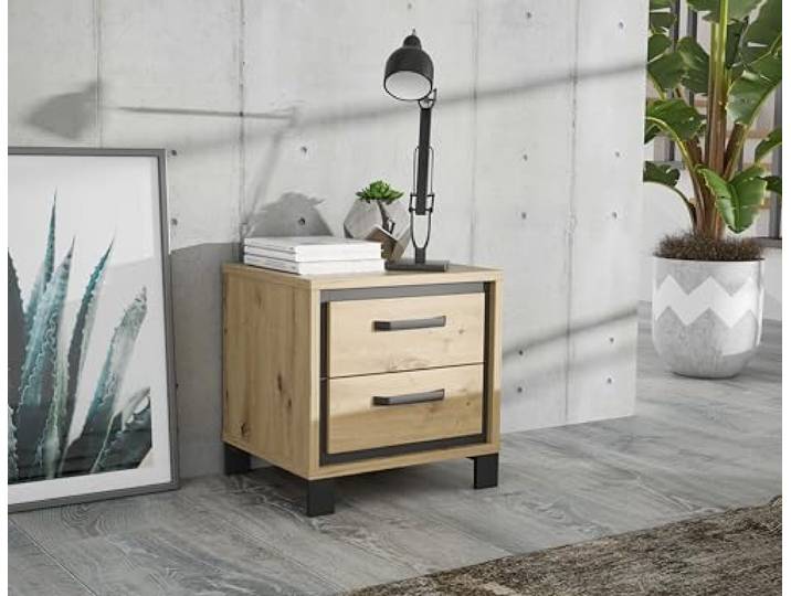 Forte Trondheim Nachttisch 50, Nachttisch mit 2 Schubladen, Nachtschrank, Holzwerkstoff, Artisan Eiche/Schwarzeiche Holzdekor, 49,4 cm breit x 49,3 cm hoch x 41,5 cm tief