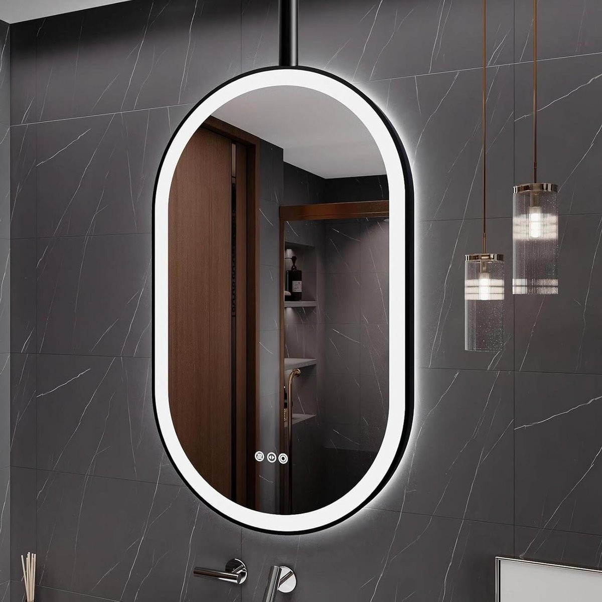 Zwevende Ovale Hangspiegel met LED-verlichting en Drie Kleuren Dimbaar - Zwart - 40 x 60 cm
