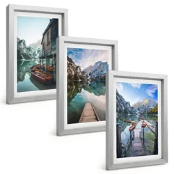 BILDER SET 3er Set - 20x30 cm Silberner Rahmen - See Berge Holzboote