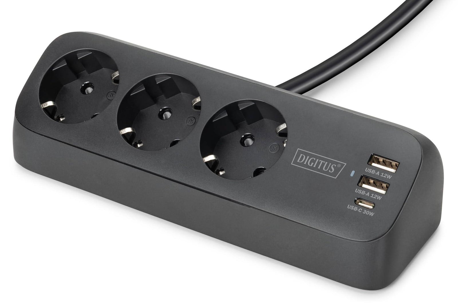 Digitus DA-70625 stekkerdoos met 3 stopcontacten en 2 USB-poorten, 1,5m, 12W/30W, zwart