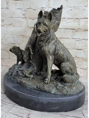 Bronzhaus Hunting Dogs English Bulldog Shepherd Bronze Sculpture Figurine Marble Base Deco