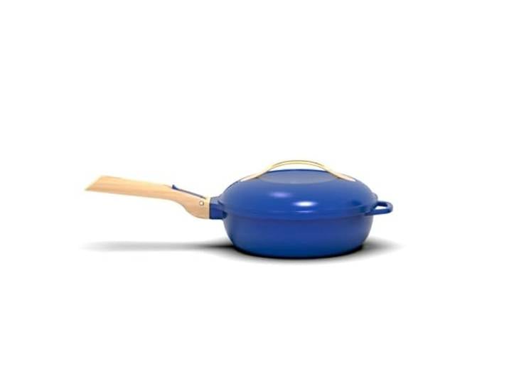 COOKUT - Die fabelhafte 8-in-1-Pfanne – Kleines Modell 24 cm – ein einzelnes Werkzeug, das Pfanne, Topf, Schmorpfanne ersetzt – 2 abnehmbare Griffe, Dampf-/Frittierkorb, Holzspatel – Saphir