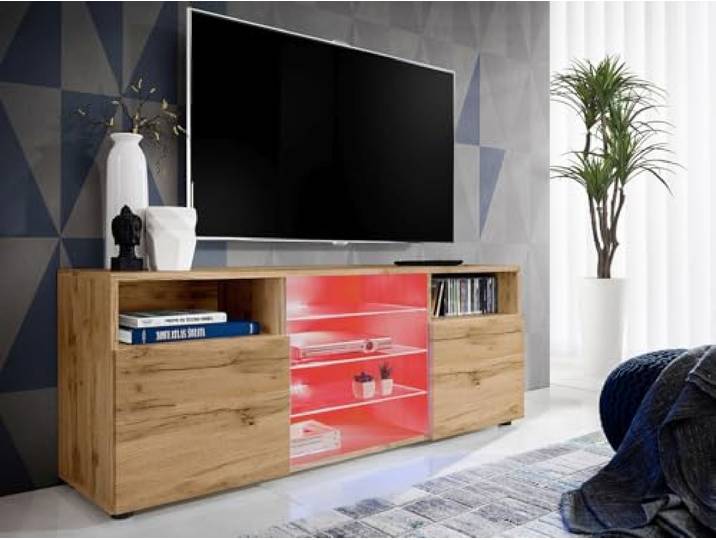 Komodee TV-Schrank Urbino A2 Wotan/Wotan 140x53x35 cm TV-Schrank Urbino, Wotan/Wotan, Breite 140 cm x Höhe 53 cm x Tiefe 35 cm, LED RGB, 3 Glasböden, 2 Fächern mit Türen