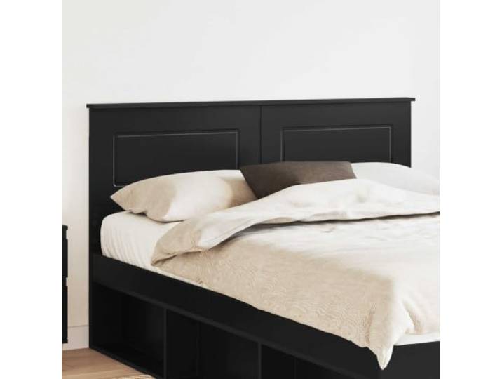 Modernes Holzbau-Kopfteil schwarz im minimalistischen Stil, eckig, mit klaren Linien und laminierter Oberfläche, leicht zu reinigen mit trockenem Tuch, ideal für