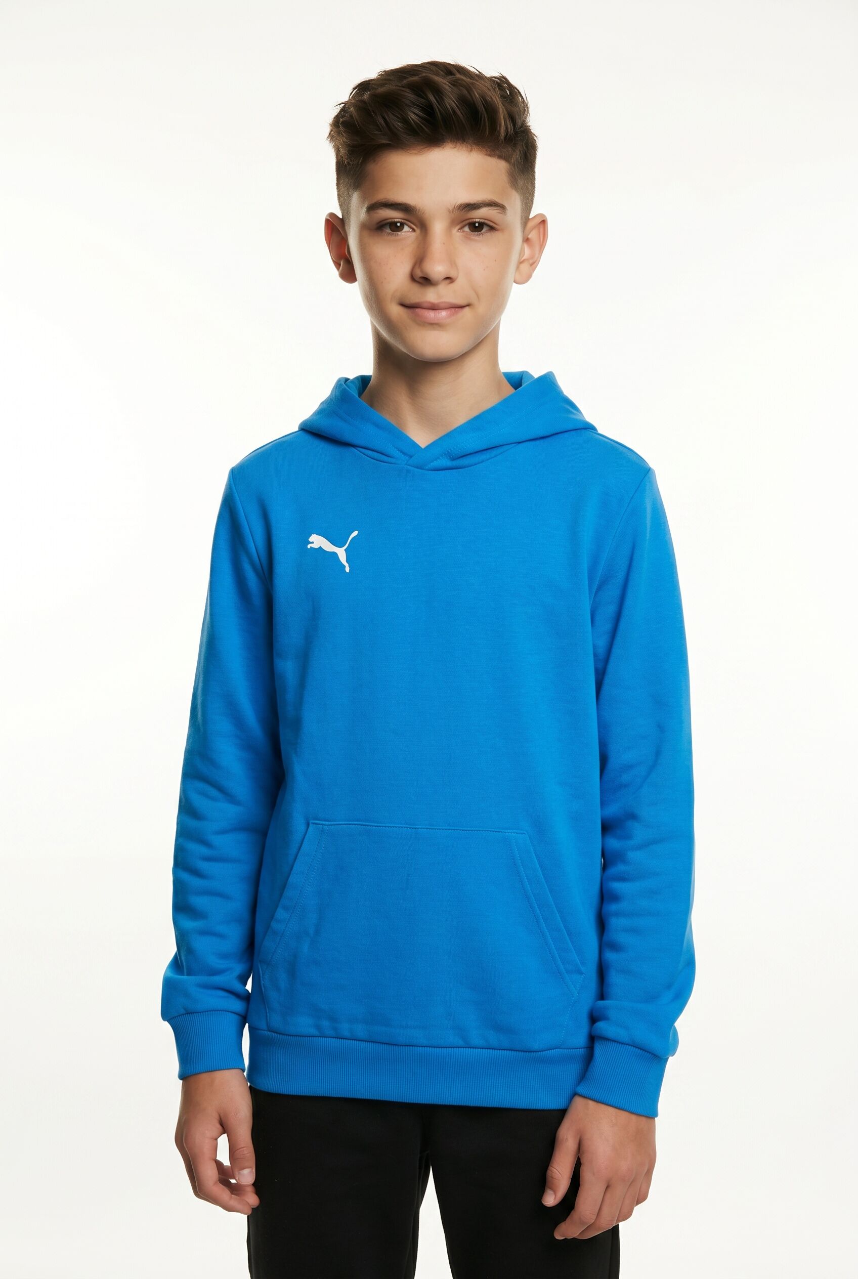 Kapuzensweatshirt PUMA "TEAMGOAL CASUALS HOODY JR", Jungen, Gr. 164, ignite blau, puma weiß, Sweatware, Obermaterial: 100% Baumwolle, unifarben, regular fit normal, angesetztes Bündchen, Sweatshirts Kapuzensweatshirt, mit Kapuze, normale Kragenform, regul