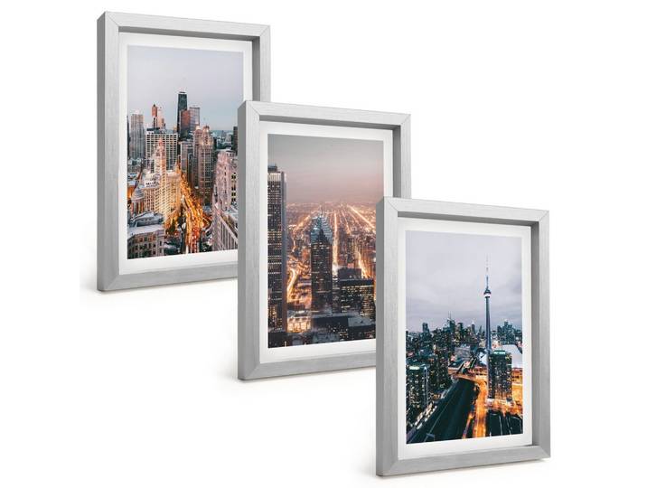 BILDER SET 3er Set - 20x30 cm Silberner Rahmen - Städte bei Nacht, Wolkenkratzer, Lichter