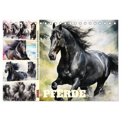 Pferde. Romantische Aquarelle von schwarzen Schönheiten (Tischkalender 2026 DIN A5 quer), CALVENDO Monatskalender