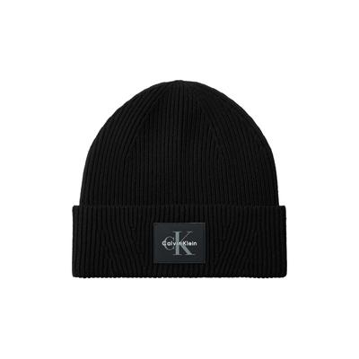 Beanie CALVIN KLEIN JEANS "MONOLOGO PATCH RIB BEANIE", Herren, schwarz, Strick, Viskosemischung, unifarben, Mützen Beanie, Regular fit mit Markenlogo