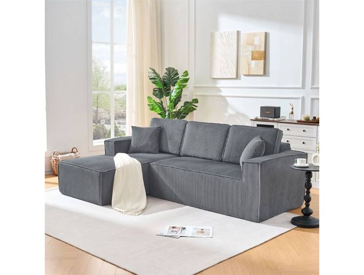 DRIPEX Canapé d'angle compressé 3 places velours côtelé Canapé modulaire en L+2 coussins Chaise longue gauche 235x128x60cm Gris